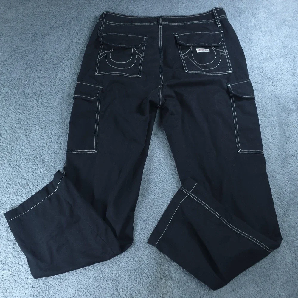 True Religion Cargo Pants Mens 34 Black Contrast Stitch Relaxed Fit Canvas